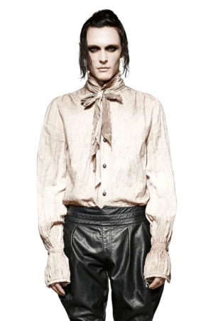 Steampunk Leinenhemd Gothic-Stil Front-Ansicht männliches Modell - beige zerknitterter Stoff mit Rüschenkragen Detail und passgenaue Fliege