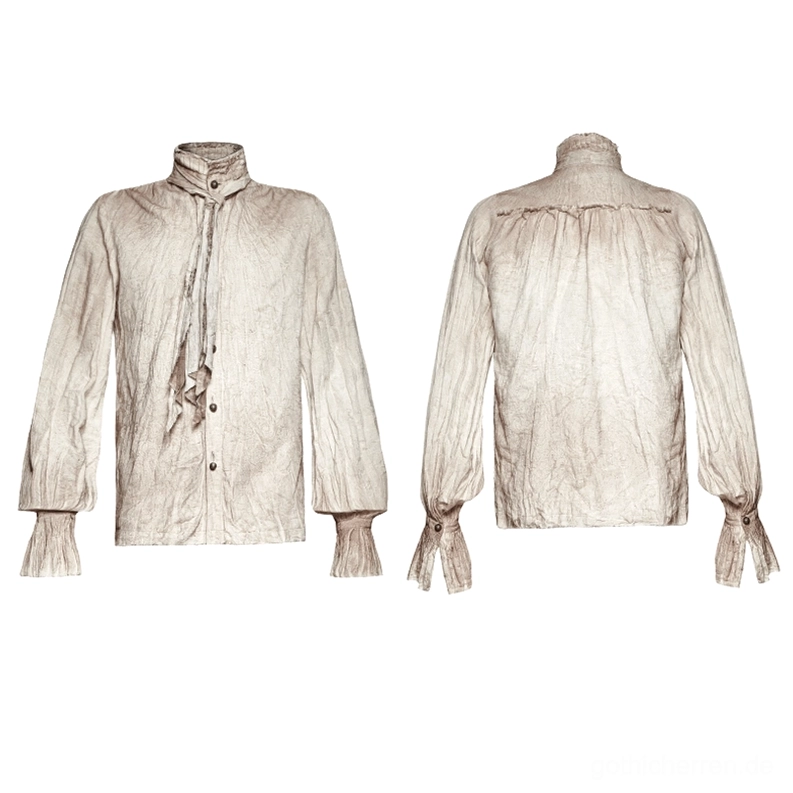 Steampunk Leinenhemd Front- und Rückseite Flat-Lay - Vintage-Beige Stoff mit absichtlichem Altersfinish und passgenauer Fliege