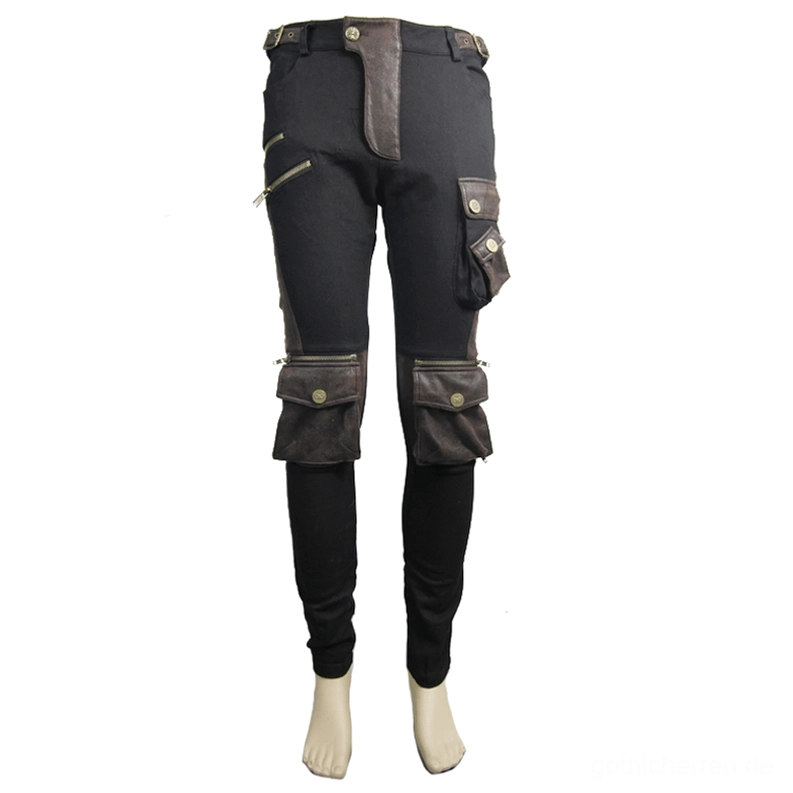 Steampunk Biker-Hose in Rück-Dreiviertelsansicht am Mannequin, Multi-Pocket-Design mit braunem Ledertrimm und Metallhardware deutlich sichtbar