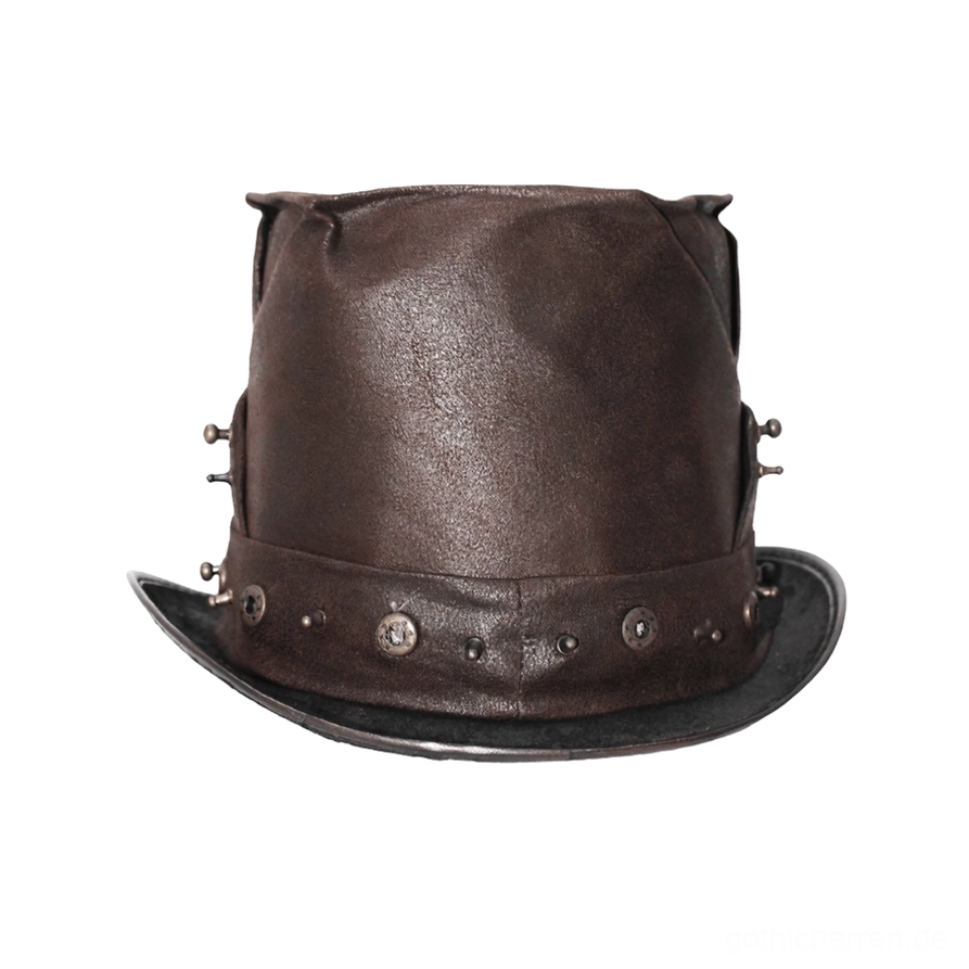 Seitenansicht des Steampunk-Zylinders mit einfachen Metallnieten, Druckknöpfen und braunem PU-Leder-Krempen-Verlauf mit industriellen Details