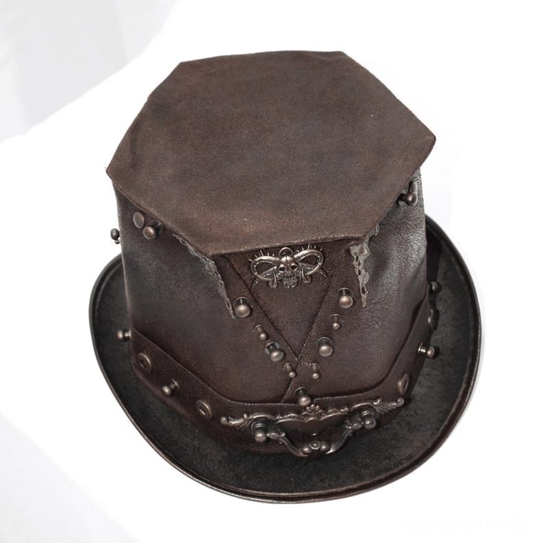 Steampunk-Zylinder Vogelperspektive zeigt hexagonale Kronenkonstruktion, Bronze-Nieten und Vintage-Metall-Ornamente-Muster auf strukturierter Krone