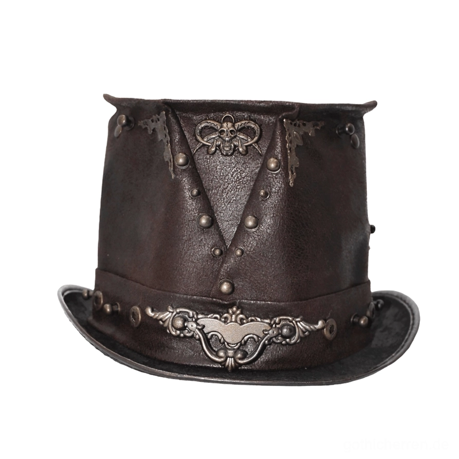 Steampunk-Zylinder Vorderansicht mit ornamentiertem Metallband, Totenschädel-Emblem und hexagonaler Kronenkonstruktion, Studio-Produktfotografie, freistehend