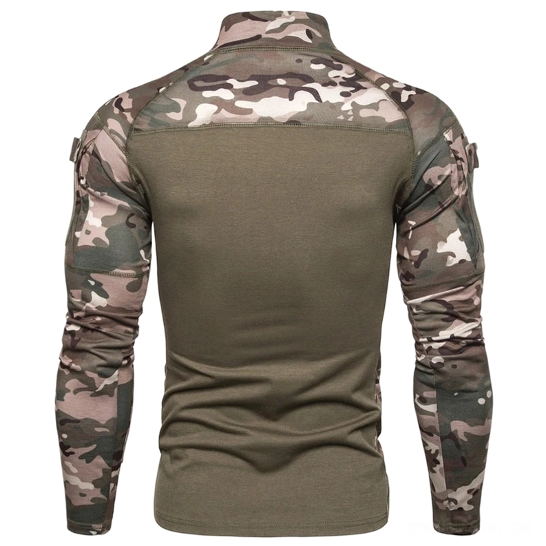 Rückansicht des Tactical Sweatshirts mit Camouflage-Oberteil und solidem Olivgrün-Unterteil, zeigt Nähte und Paneel-Details