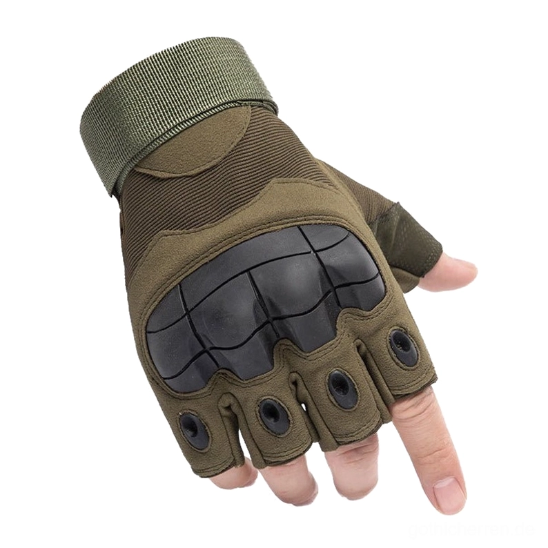 Olivgrüne Armeetaktische halbe Finger fingerlose Handschuhe am Modell, Nahaufnahme mit gewebtem Klettverschluss und Schutzpolsterung
