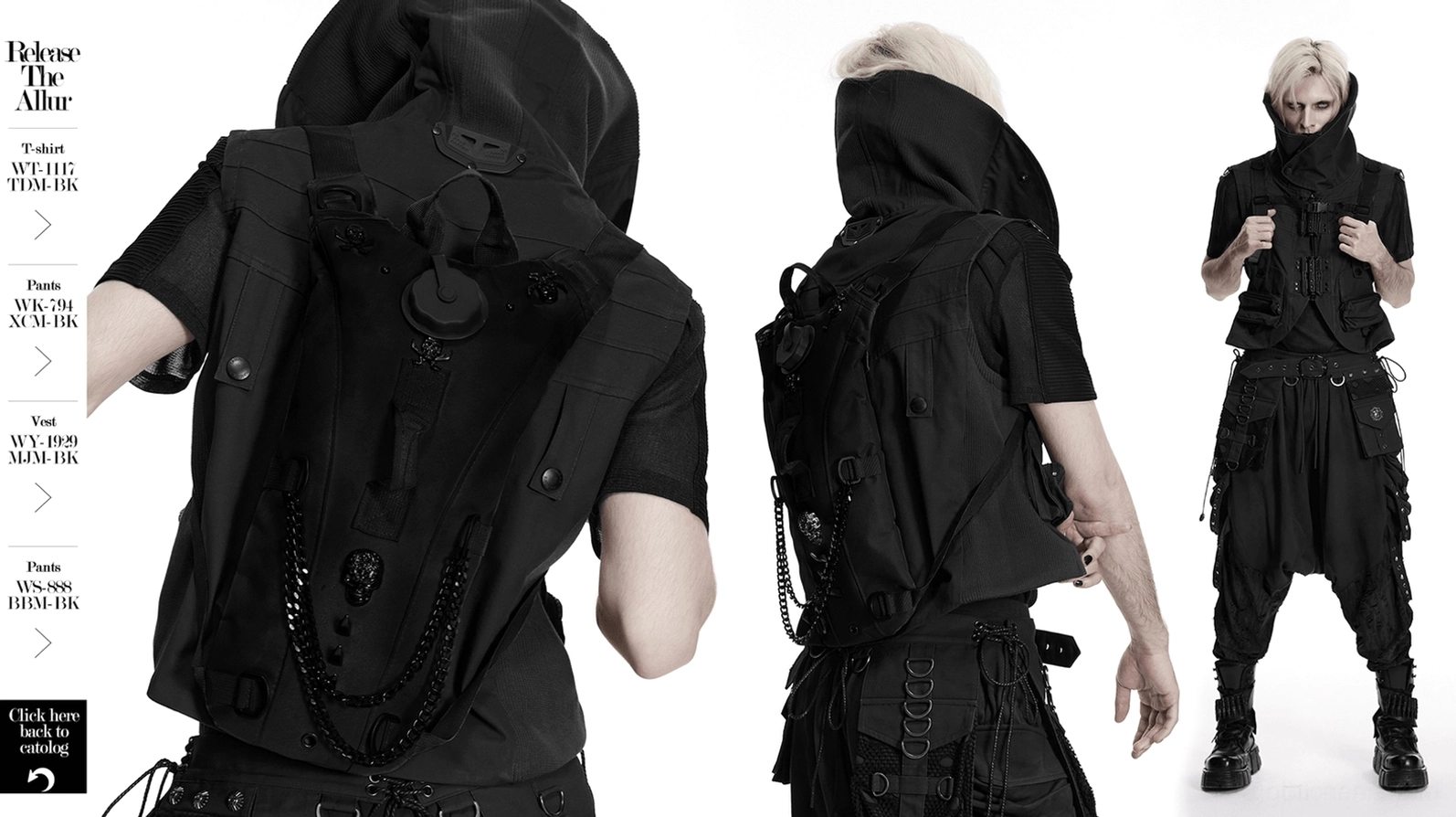 Tactical Gothic Rucksack getragen auf Modell zeigend Passform, Kettenplatzierung und wie Totenkopf-Abzeichen und Nieten dramatische visuelle Wirkung erzeugen