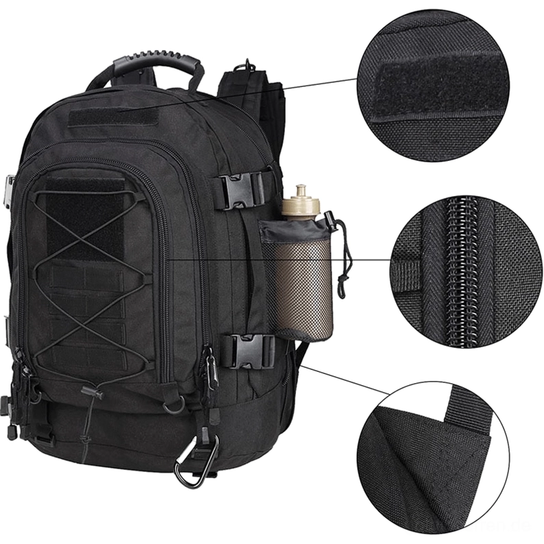 Gothic Tactical Rucksack Detailaufnahme mit Hook-and-Loop-Panel, robustem Reißverschluss und Polyester-Fabrik-Textur - verstärkte Nähte Konstruktion
