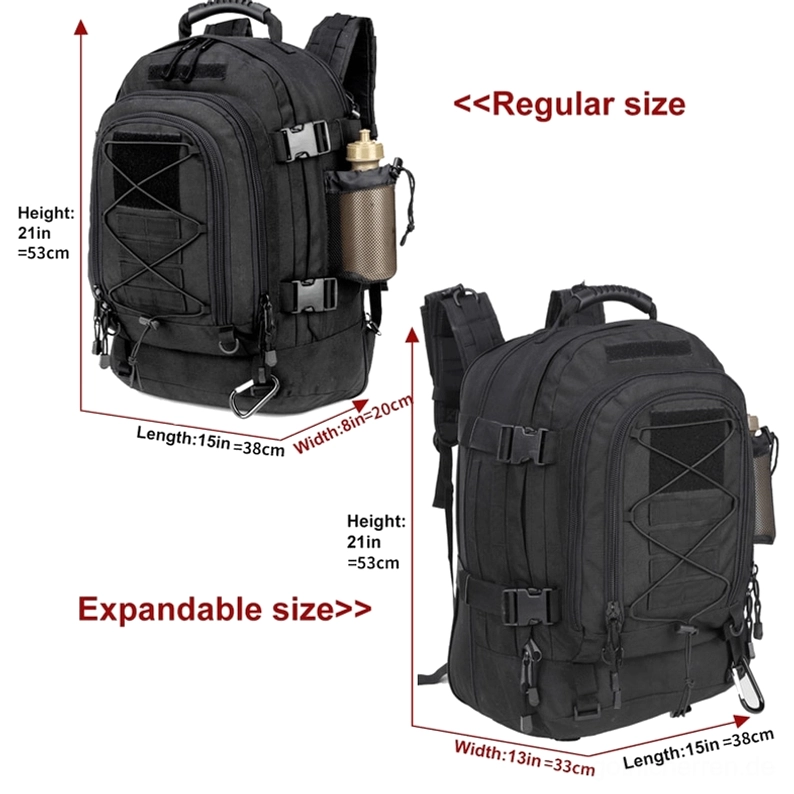 Tactical Rucksack Größentabelle Vergleichschart mit expandierbarer Kapazität von 56-75 Litern und Dimensionsreferenz - Zentimeter und Zoll Konvertierung