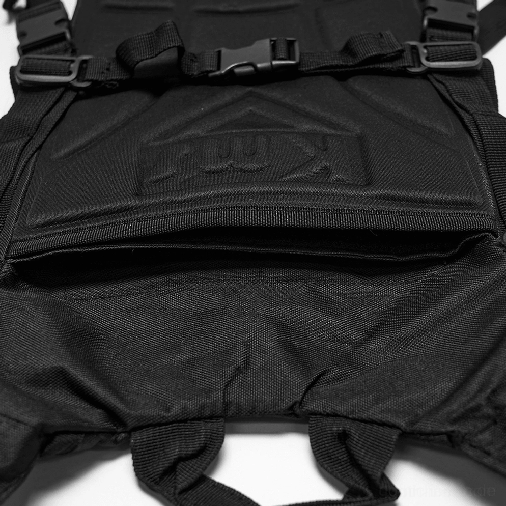 Tactical Rucksack Tasche Reißverschluss Webbing-Detail mit gepolsterter schwarzer Stoff-Fläche, Reißverschluss-Fach und Befestigungsschlaufen