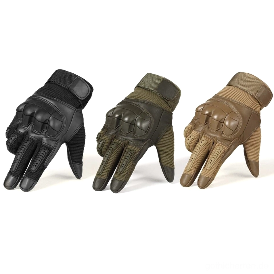 Farbvarianten-Vergleich taktischer Vollfinger-Handschuhe: Schwarz, Olivgrün und Braun Flachauflage nebeneinander, zeigt standardisiertes Taktik-Design mit Knöchelschutz