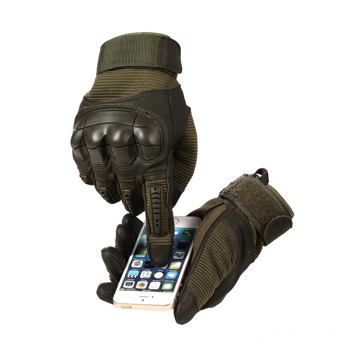 Taktische Handschuhe Touchscreen-Funktionalitäts-Demonstration mit Smartphone-Bedienung, zeigt Zeigefinger-Kompatibilität und taktischen Kampfschutz-Features