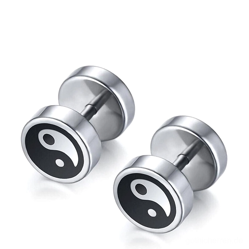 Tai Chi Gothic Ohrringe Seitenansicht im Detail, chirurgischer Edelstahl mit Hochglanzpolierung und klarem Yin Yang Symbol, zeigt die Druckfassung und die elegant hantelförmige Struktur
