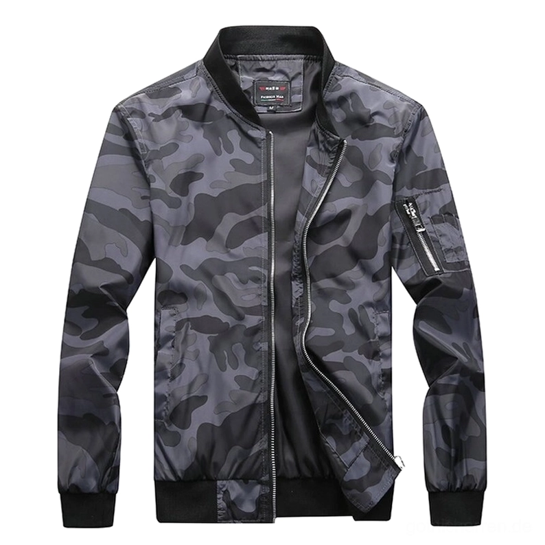 Anthrazit-Camouflage Military Bomberjacke Vorderansicht mit durchgehendem Metallreißverschluss und Ärmel-Reißverschlusstaschen Detail