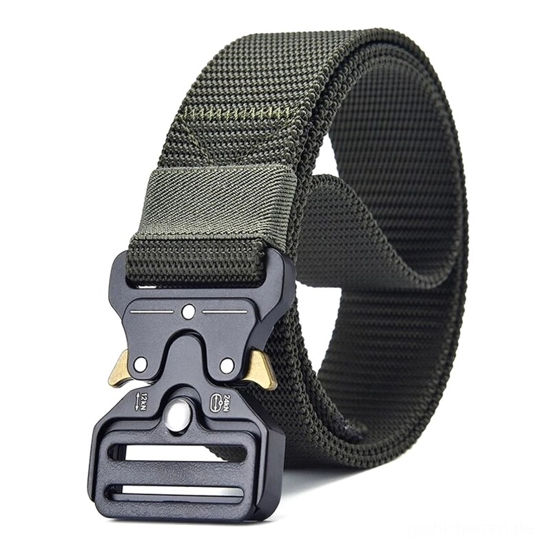 Armeegrüner taktischer Nylon-Gürtel mit schwarzem Metall-Schnellverschluss – Cyberpunk-Gothic-Fusion für Survival-inspirierte Mode