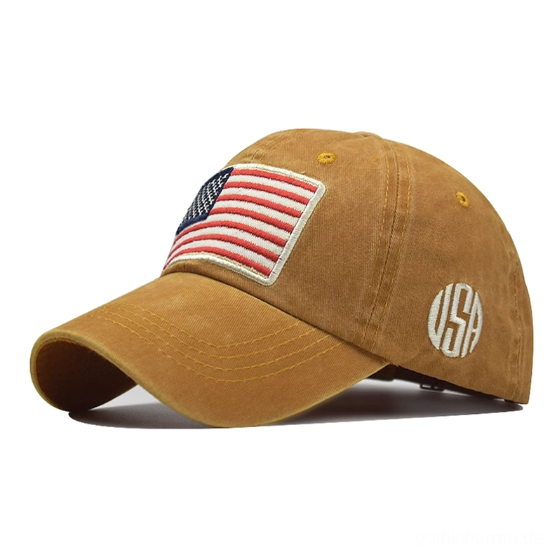 Beige Tan gewaschene Gothic USA Flagge Baseball Cap, unterschätzte Rebellion Dark Fashion Stil, helle neutrale Farbe mit subtiler amerikanischer Flag-Stickerei