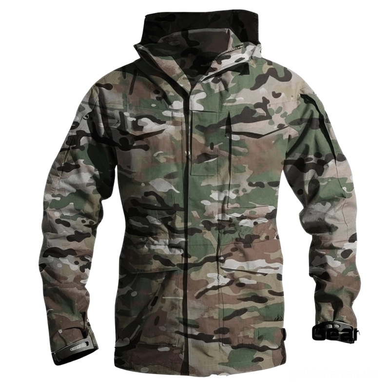 Tarn-Muster taktische Kapuzen-Windbreaker Jacke Vorderansicht mit Military Camouflage Pattern Reißverschluss-Verschluss und verstellbaren Manschetten