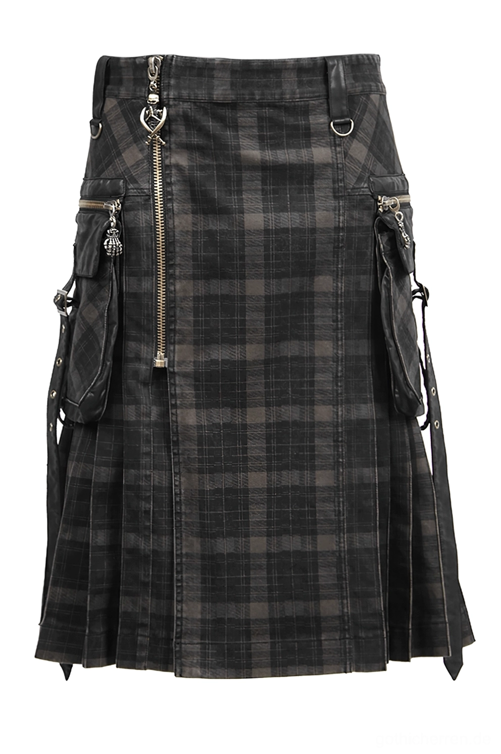 Schwarzer Tartan Cargo Herrenrock Winkelsicht mit Metallreißverschluss Hardware Accents und strukturierter Saumkonstruktion Detail