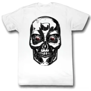 Terminator Skull Gothic T-Shirt weißes Baumwoll-T-Shirt mit schwarzem und silbernem Roboterschädel-Druck rote glühende Augen Cyberpunk Gothic Design Vorderansicht Flat-Lay
