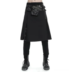 Vorderansicht des Tie-Dye Studded Gothic Herrenrocks mit Dual Utility Waist Bags auf männlichem Model in Combat Boots, zeigt alle Nieten-Details und Stoffmuster vor weißem Hintergrund
