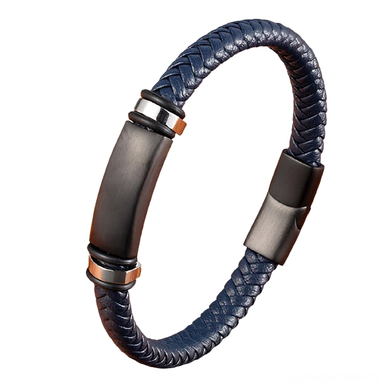 Tiefblaues geflochtenes Leder-Gothic-Armband mit Magnetverschluss und silbernen Metallakzenten, Dunkelästhetik für alternative Herrenmode