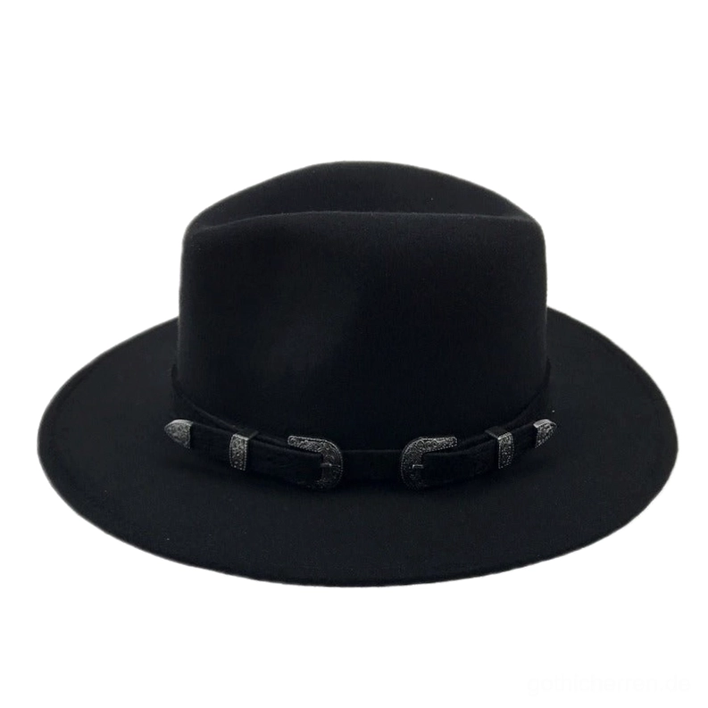 Tiefschwarzer matter vintage Trilby Fedora mit zwei benachbarten Metallschnallen auf Hutband, Studio-Flat-Lay-Fotografie