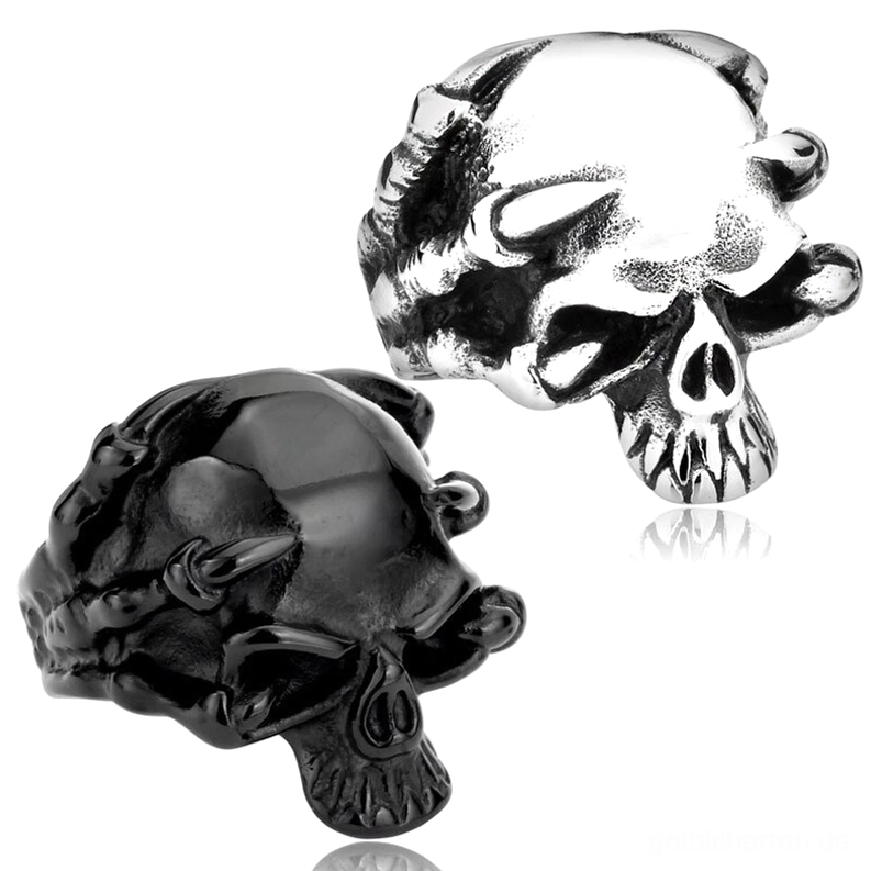 Silberner gotischer Totenkopf-Ring Draufsicht-Schrägansicht zeigt Kieferstruktur und schützende Krallengrifftechnik, detaillierte Vogelperspektive des Skelettring-Designs mit anatomischen Merkmalen