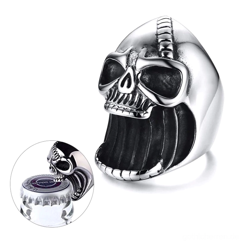Schädel-Ring Multi-Winkel-Darstellung zeigt Vorder- und Seitenansichten mit integriertem Flaschenöffner-Mechanismus Nahaufnahme – funktionaler Gothic-Schmuck Design