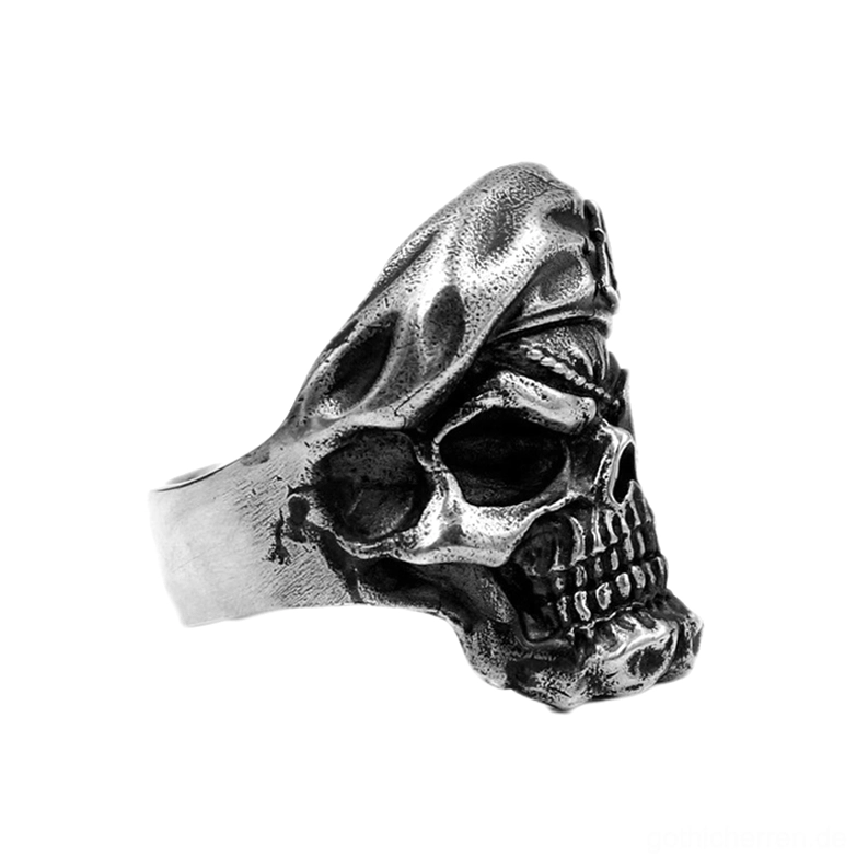 Totenkopf Memento-Mori Ring Linksseitenperspektive zeigt Schädelkontur und verarbeitete Silberdetails alternative Herrenmode Gothic Statement Accessoire professionelle Handwerkskunst