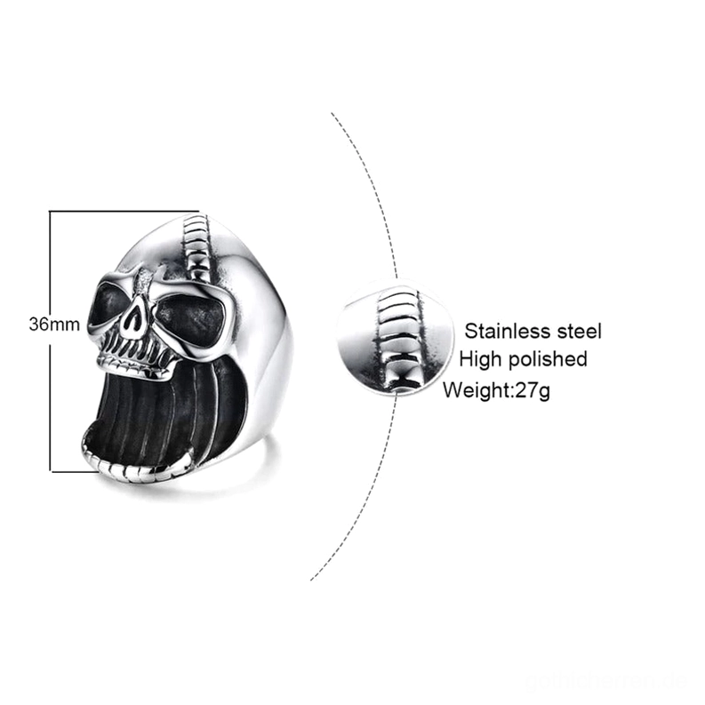 Technische Spezifikationsansicht des 316L-Edelstahl-Totenkopf-Rings – 36mm Höhe, 27g Gewicht, chirurgischer Edelstahl