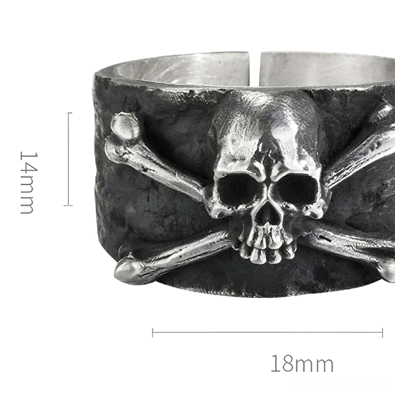 Nahaufnahme 999er Sterlingsilber Totenkopf und Knochen Ring 14mm Breite – detailliert gealtertes Silber Unisex Gothic Schmuck