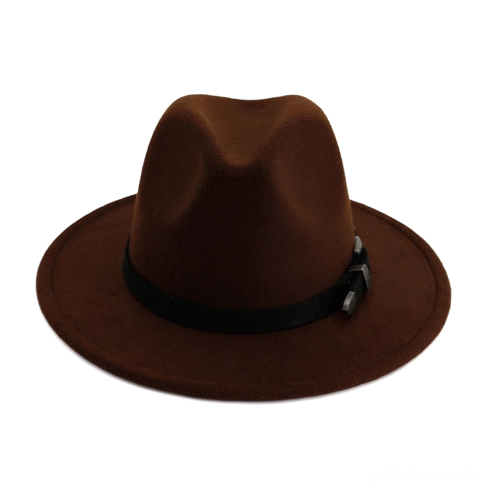 Seitenprofilansicht von vintage Trilby Fedora mit Metallschnallen-Riemen, Gothic-Hut-Design Silhouette