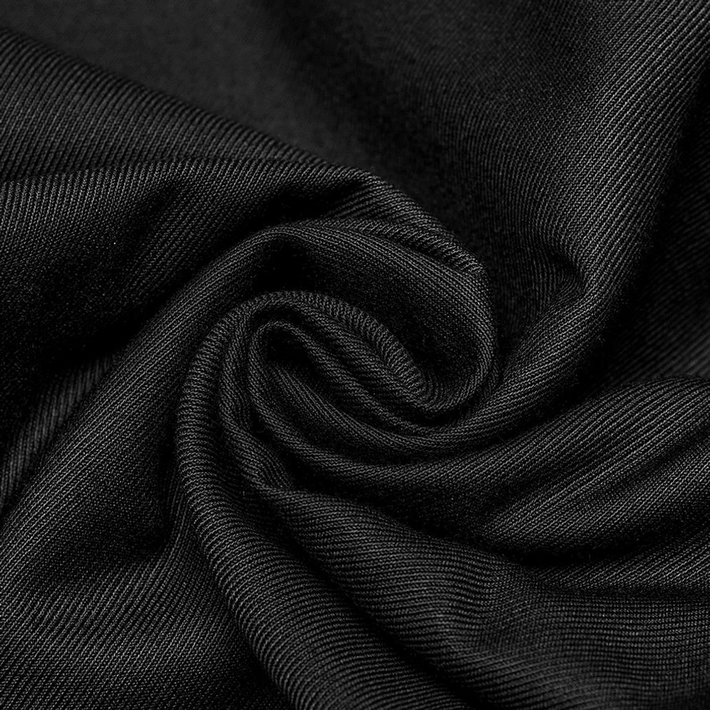 Twill-Webart-Textur der schwarzen Gothic Cargohose mit weichem Fall und Webmuster-Details, matte schwarze Oberflächenfinish