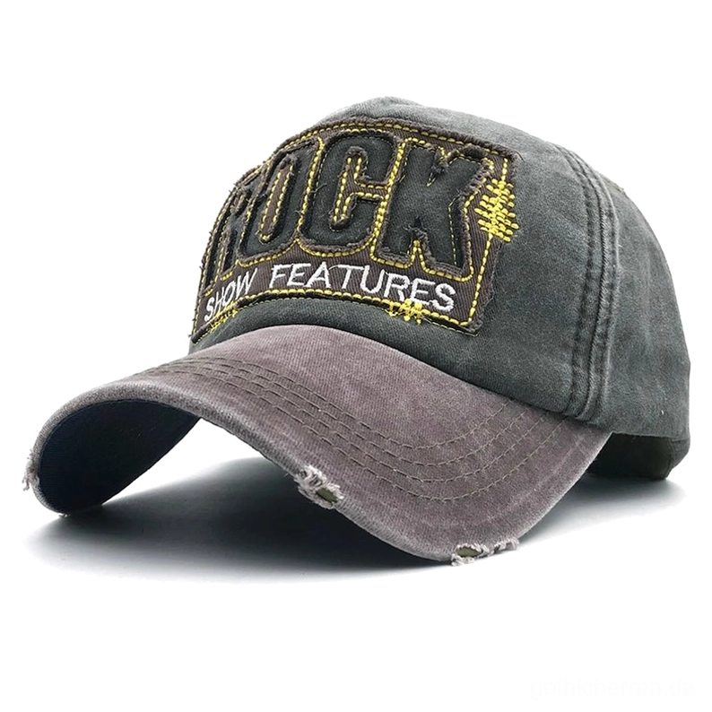 Unisex Gothic Rock Cap in durchgehend dunklem Grau mit charakteristischem gelbem Embroidery und zerfransten Detailarbeit, perfekt für Alternative-Fashion-Liebhaber