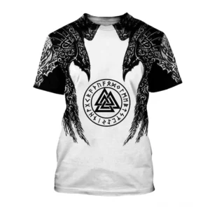 Valknut Norse Rune Gothic T-Shirt Vorderseite mit schwarz-weißem Druck, heiliger Dreieck-Knoten umgeben von keltischen Runen und Ravenmotiven auf Schultern, monochrome Nordische Mythologie Design auf weißem Broadcloth-Gewebe, unisex Kurzarm-Shirt für Goths und Heathen