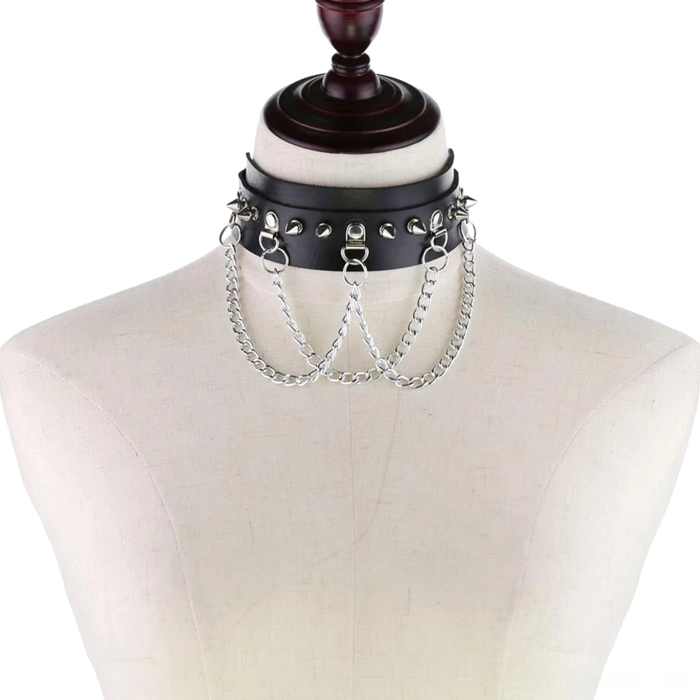 Veganer Leder Spike Choker vollständige Produktpräsentation mit allen Design-Elementen sichtbar, Gothic Halsband mit Zinklegierungs-Hardware
