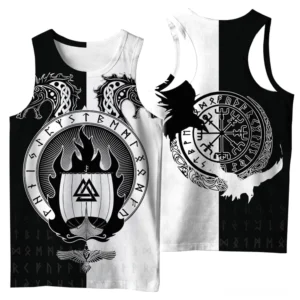 Vegvisir nordischer Kompass und Rabe Design Rückseite Gothic Muskelshirt Schwarz-Weiß Druck ärmellos Tanktop wikingerkultur