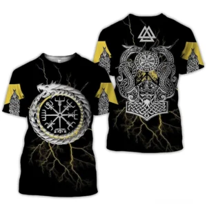 Vegvisir Viking Kompass T-Shirt Rückansicht mit Mjölnir Hammer und Valknut Symbol, doppelte Serpenten und nordische Knotwork, schwarzer Untergrund mit gelben Akzenten, Flachlage auf weißem Hintergrund