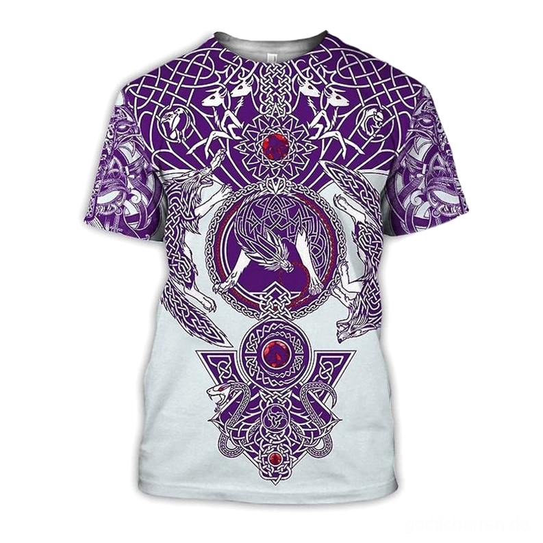 Vegvisir Wolf 3D Gothic T-Shirt Vorderansicht mit violettem keltischem Wolfsmandala und nordischen Runen auf weißem Unisex-Shirt, 3D-Druck-Technologie