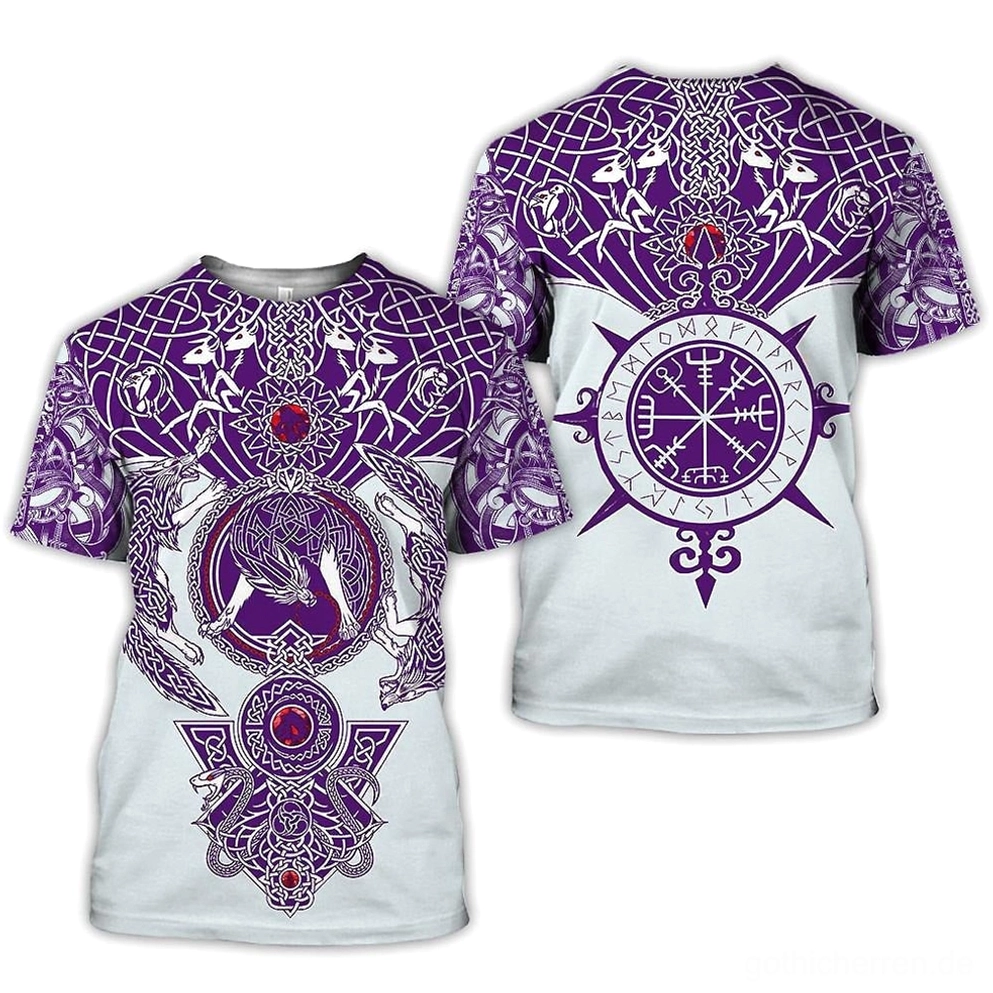 Vegvisir Wolf Gothic T-Shirt Rückansicht mit nordischem Wikinger-Kompass und keltischen Knotenmustern in Violetttönen auf weißem Unisex-Hemd