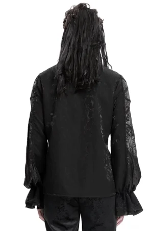 Viktorianisches schwarzes Spitzen-Gothic-Hemd Rückansicht zeigt durchgehend schwarzen Stoff mit rüschenverzogenen ausgestellten Manschetten
