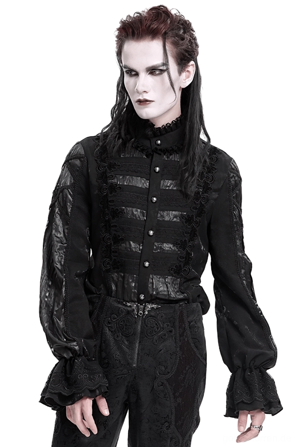 Herren Viktorianisches Gothic-Spitzen-Hemd schwarze Vorderansicht mit Rüschenkragen und durchsichtigen Spitzeneinsätzen an Ärmeln