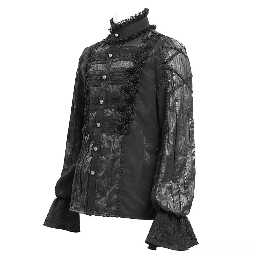 Schwarzes Viktorianisches Spitzen-Gothic-Hemd Seitenlage mit rüschenverziertem Stehkragen und Spitzendetails