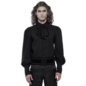 Viktorianisches schwarzes Baumwoll-Gothic-Rüschenhemd mit edlem Spitzenjabots und abnehmbarer Fliege in Vorderansicht