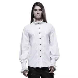 Viktorianisches Gothic Hemd mit Rüschenkragen – Frontansicht auf männlichem Model – weißes Baumwoll-Formalbekleidung mit Stehkragen und Spitzentrimm