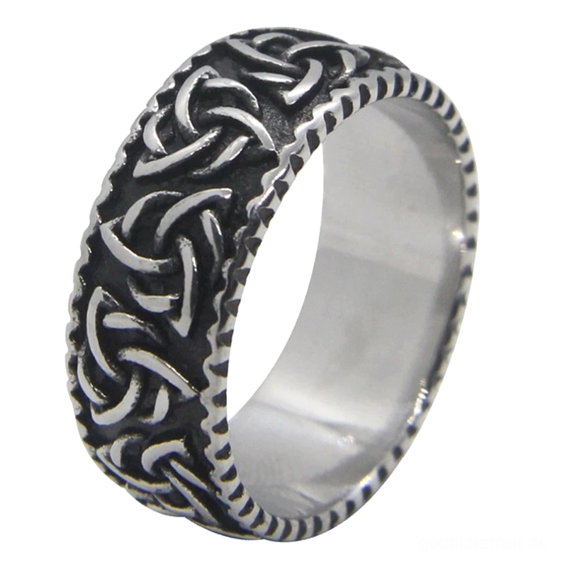 Wikinger Celtic Knot Gothic Ring Draufsicht – Zweifarbig schwarz-silber Oberfläche mit detaillierter keltischer Knotengravur und gezackten Rändern