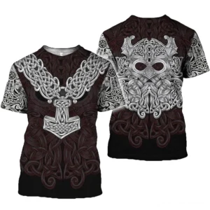 Viking Gothic T-Shirt Rückansicht mit keltischer Waldgeist-Maske heidnisches Natursymbol silber Druck auf schwarzem Stoff nordische Folkloremotivik