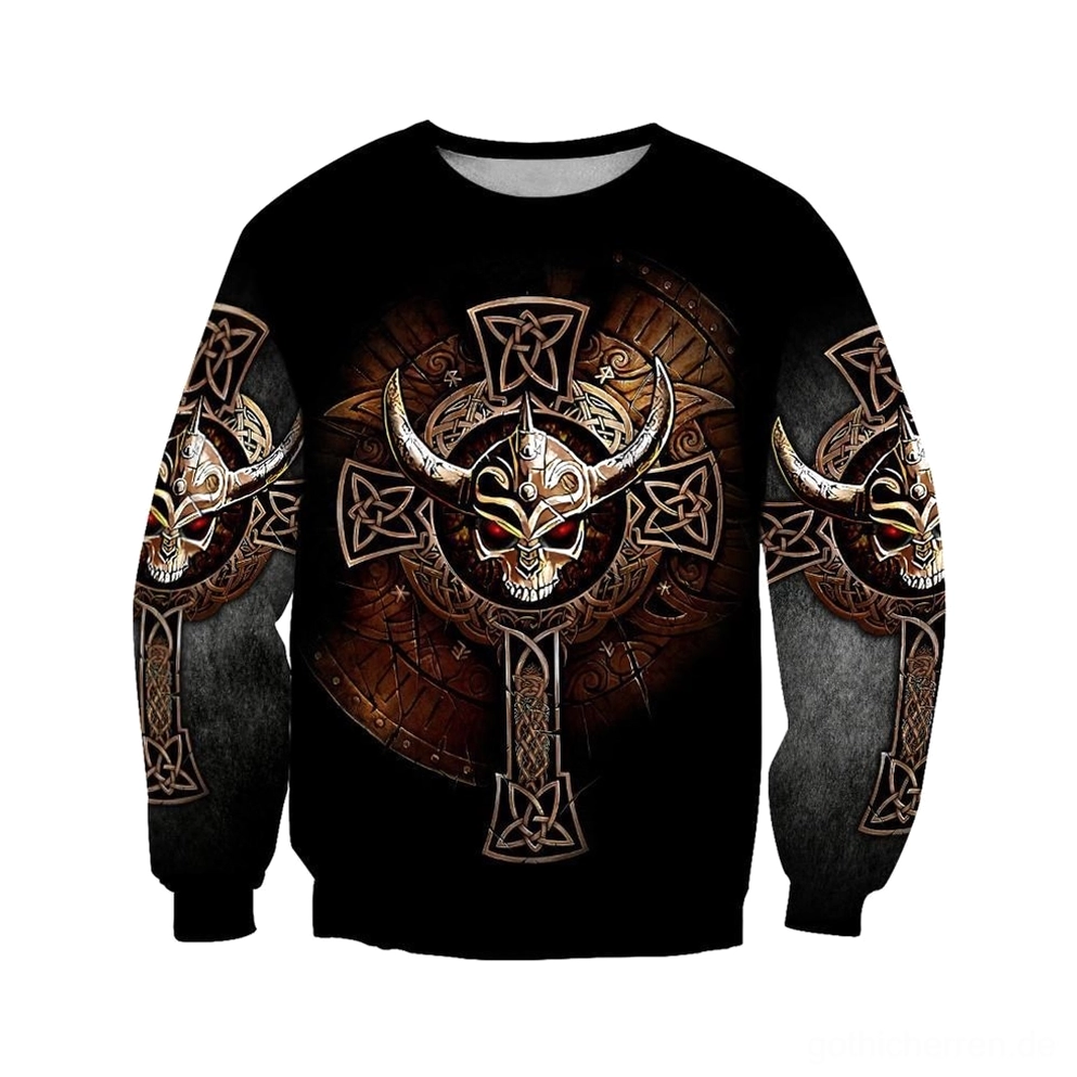 Schwarzer Viking Skull Gothic Sweatshirt mit keltischen Knotenmuster-Druck, Crewneck-Ausschnitt, Vollständige Ärmel, Herren-Passform, Frontalansicht auf dunklem Hintergrund