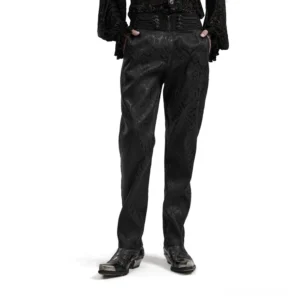 Viktorianische Gothic Jacquard Slim-Fit Röhrenhose schwarzer Paisley-Damast Froschknöpfe Herren Vorderansicht modell