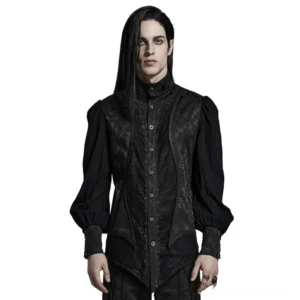 Viktorianisches Gothic Jacquard Stehkragen Hemd Frontansicht auf männlichem Model – schwarzes Damast Jacquard mit Bischofärmeln und asymmetrischem Saum
