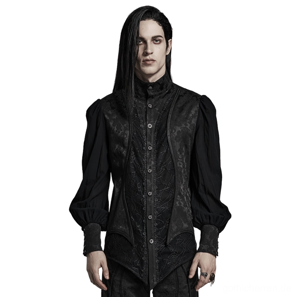 Viktorianisches Gothic Jacquard Stehkragen Hemd Frontansicht auf männlichem Model – schwarzes Damast Jacquard mit Bischofärmeln und asymmetrischem Saum