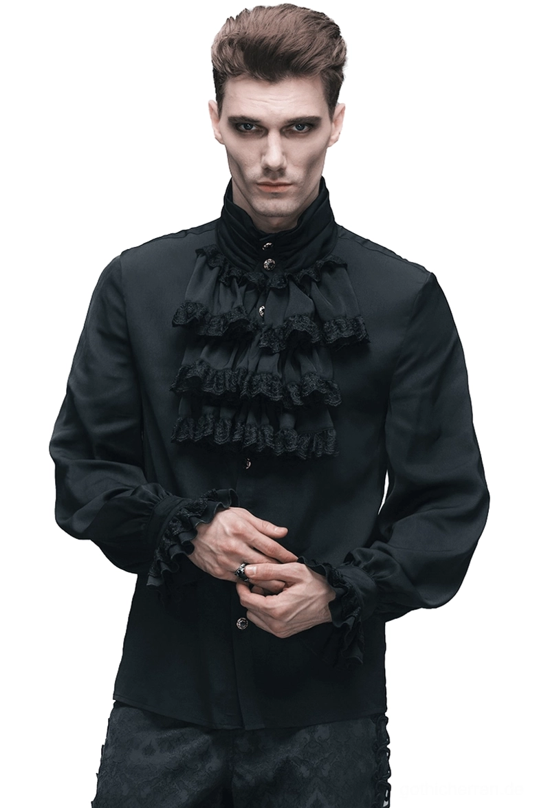 Vorderansicht des viktorianischen Gothic-Rüschenhemds mit gerüschtem Jabot-Kragen, getragen von männlichem Model in schwarzem Polyester, Draufsicht auf Hals- und Manschettendetails